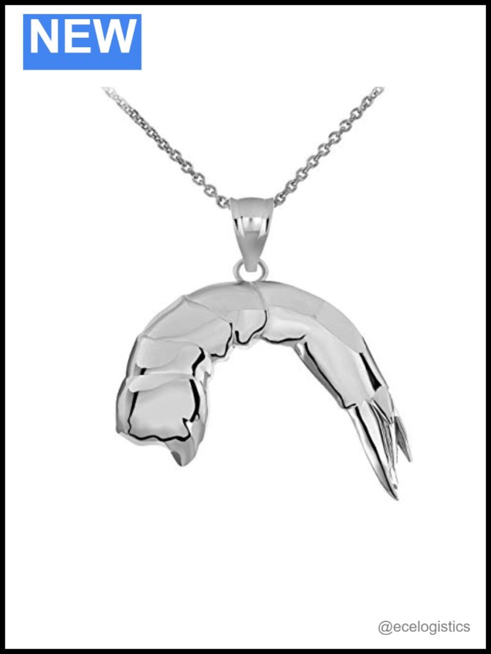 Sterling Silver Headless Shrimp Ocean Seafood Pendant Necklace